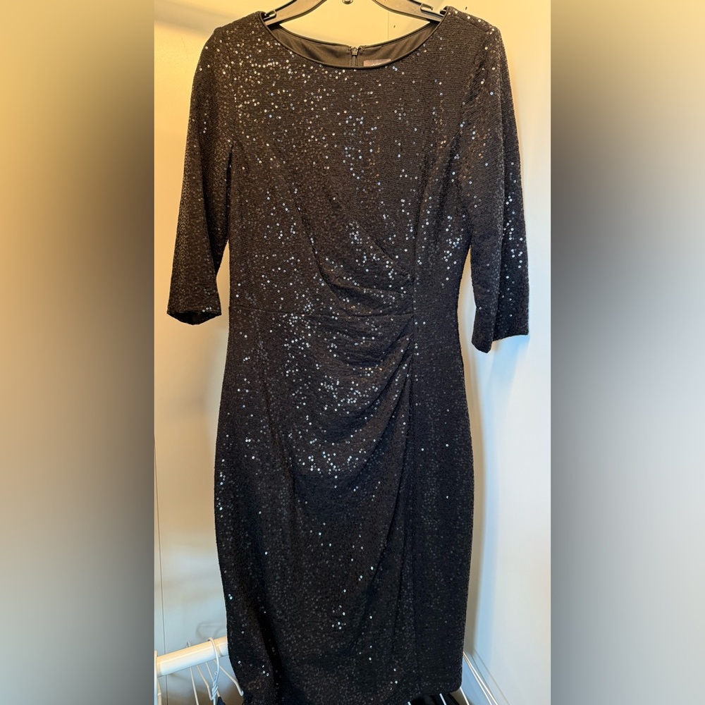 Vince Camuto Black Ruched Sequin Sheath Dress with 3/4 Sleeves